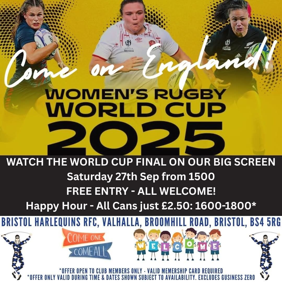 No senior rugby this weekend, but Valhalla is OPEN! 🙌 Watch the Women’s Rugby World Cup Final 🏉🌹 on the big screen Sat 27th Sept from 15:00. Free entry + Happy Hour (16:00–18:00, £2.50 cans*).

#BristolHarlequinsRFC #COYQ #ComeOnEngland