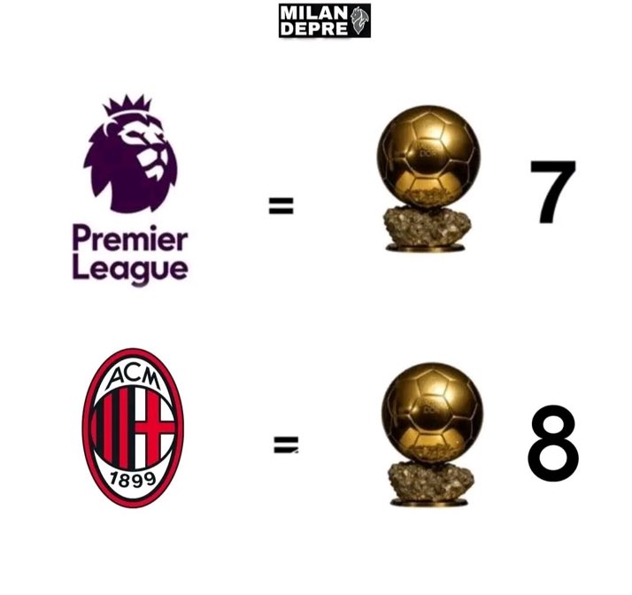 معلومه : 

📸 | ميلان لديه عدد الكرات الذهبية التي فاز بها لاعبوه أكثر من عدد الفائزين بالكرة الذهبية في الدوري الإنجليزي مع كل الأندية مُجتمعة 🔴⚫️🇮🇹🔥