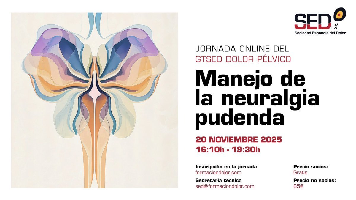 🔴Jornada Online del GTSED de Dolor pélvico
"Manejo de la neuralgia pudenda"
📅20 de Noviembre 2025 ⏰16:10h - 19:30h
🚀Inscripción Gratuita para socios / 85€ no socios
Programa e información:
f.mtr.cool/xevlfjwgqd

#Neuralgiapudenda #DolorPélvicoGTSED25