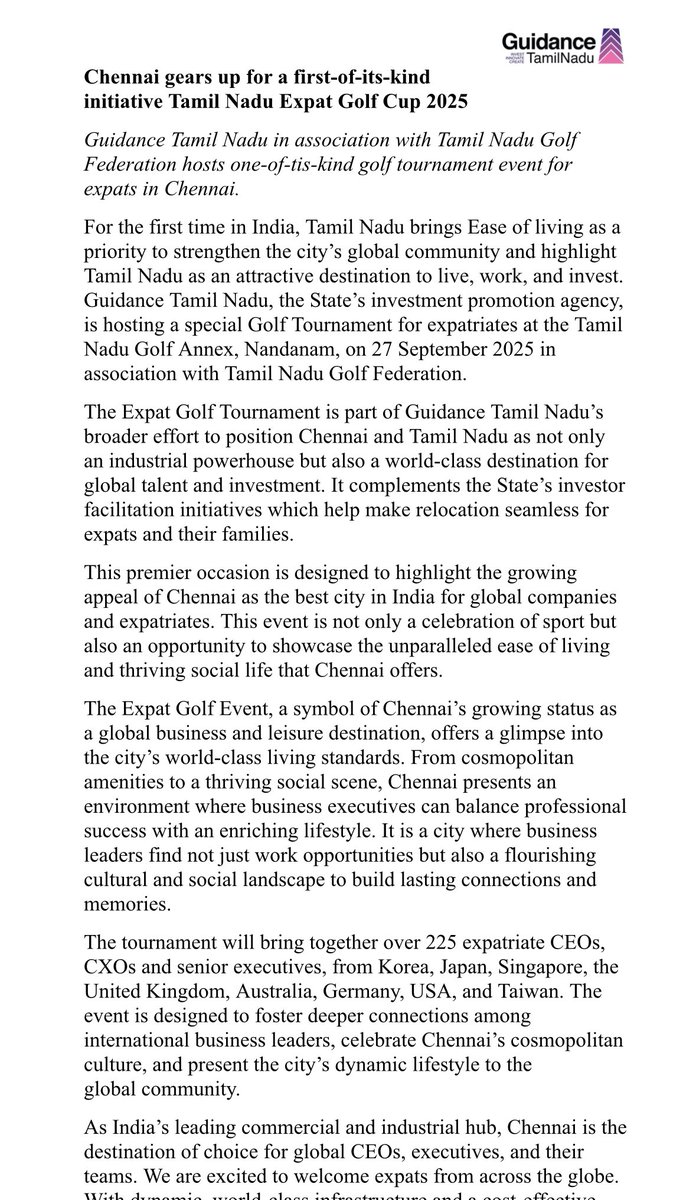 UpdatesChennai's tweet image. In a first of it's kind to rebrand Chennai & strengthen the city's global community, Guidance TN will host a Expat Golf Cup at YMCA Club exclusively for expats in the city. Over 225+ expatriate CEOs & CXOs are set to take part in it tomorrow! ! #Chennai #Rebranding 🏌️⛳️