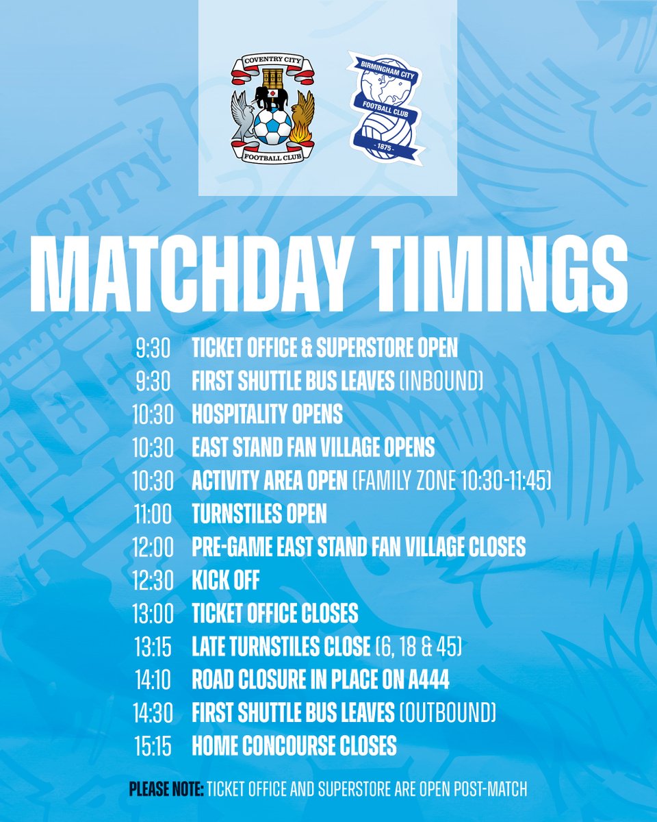 🩵 Excited for another game day, Sky Blue Army? 
All the important timings for your visit to the <a href="/CBSArena/">Coventry Building Society Arena</a> today are below. #PUSB
