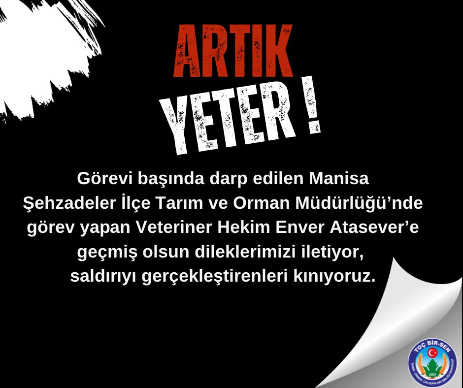 Geçmiş Olsun

Görevi başında darp edilen Manisa Şehzadeler İlçe Tarım ve Orman Müdürlüğü’nde görev yapan Veteriner Hekim Enver Atasever’e geçmiş olsun dileklerimizi iletiyor, saldırıyı gerçekleştirenleri kınıyoruz.

Konunun takipçisi olacağımızı bildiriyor, Tarım-Orman