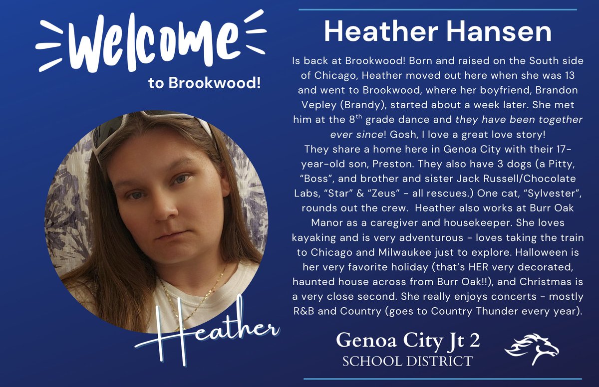 We are sure you've seen them around already, but please give a warm Mustang welcome to Heather Hanson, who is joining our custodial staff, and Austin Delgado, who has been a daily sub at our middle school! Go Mustangs!!