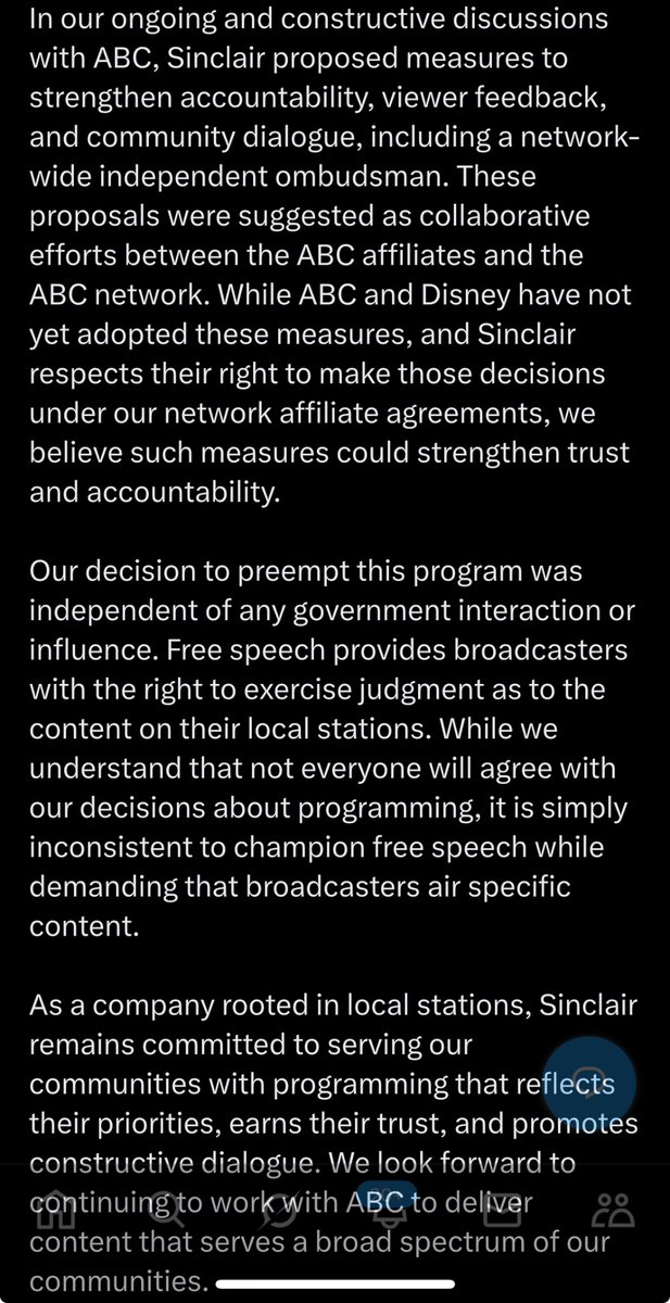 KeithOlbermann's tweet photo. TL;dr?

@ABC @Disney reminded @WeAreSinclair that they can charge Sinclair a preemption fee each time they don't run Kimmel, and can run Kimmel on a different station in that market, and if it's a long-term problem they can cancel affiliations

Super Bowl, ABC, 16 months from now https://t.co/0UoKJkxLZq