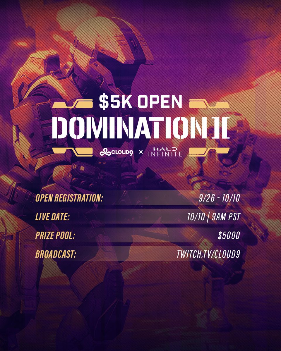 Cloud9's tweet image. Get your squad ready. We're back with the C9 x Halo Infinite $5k Open Domination II Tournament!  

📆 October 10th
⌚ 9:00 AM PT/ 12 PM EST
💰 $5k Prize Pool