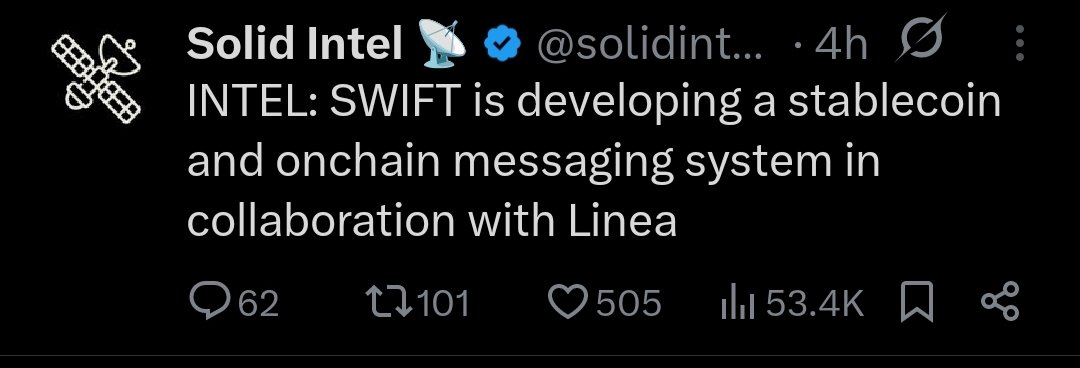 Kira Sama (@kira_sama) on Twitter photo Holy fuck.
Swift is developing a stablecoin and onchain messaging on ethereum layer 2 linea. 
You guys have no idea how fucking huge this is.
90% of global cross border USD trades happen with swift messaging.
Layer 2s are secure extensions of ethereum.
Trillions of dollars of Holy fuck.
Swift is developing a stablecoin and onchain messaging on ethereum layer 2 linea. 
You guys have no idea how fucking huge this is.
90% of global cross border USD trades happen with swift messaging.
Layer 2s are secure extensions of ethereum.
Trillions of dollars of