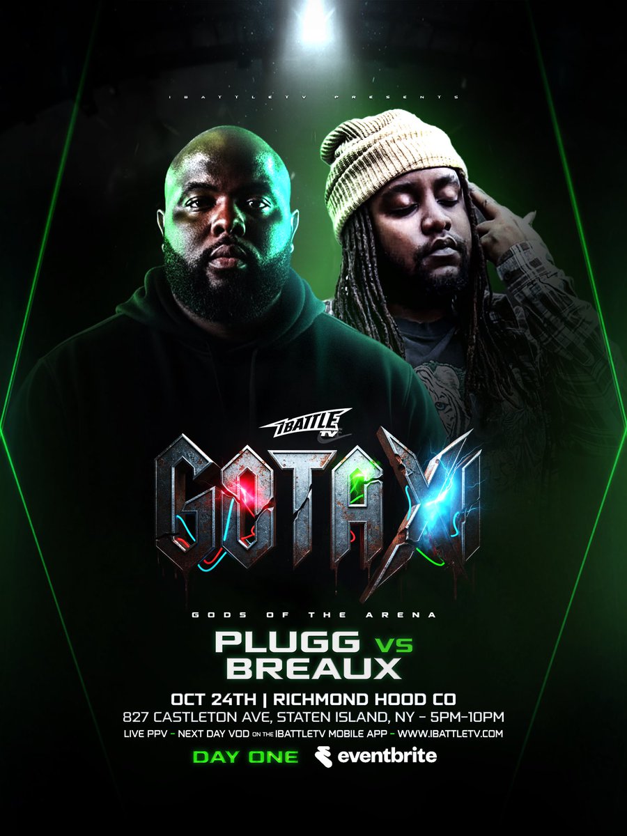 Friday October 24th #GOTAXI

Day 1 - 
<a href="/PLUGG205/">PLUGG✖️🔌</a> vs <a href="/whoisbreaux/">PICASSO</a> 

+ ALIEN vs RICO
AYO DRAYY vs BIG REL
DIANTE LS vs NSE JP
&amp; MORE TBA

Streaming only on the iBattleTV app.
Tickets available on Eventbrite.