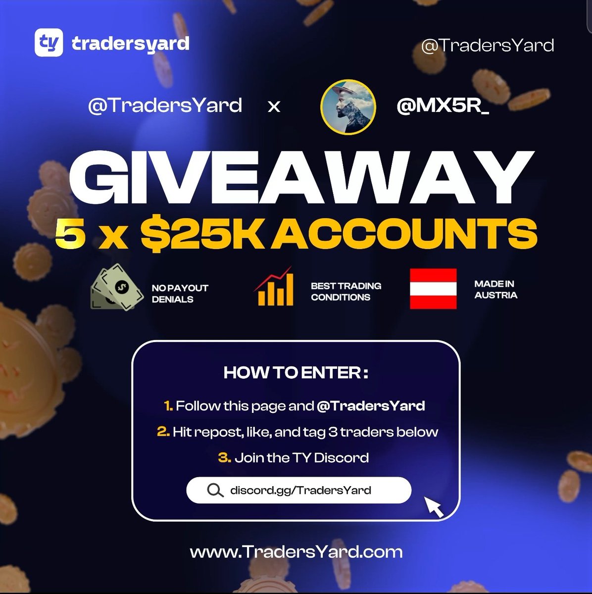 MX5R_'s tweet image. 🚨 $125K GIVEAWAY 🚨
To Celebrate The Launch Of @TradersYard’s New Swing Challenge We’re Giving Away 5 X $25K Accounts! 🦅
1️⃣ Follow @MX5R_ @TradersYard @561Renzo @Serdeek001
2️⃣ Like, Repost & Tag 3 Traders
3️⃣ Join Discord 👉 discord.gg/TradersYard
4️⃣Also follow @Kunama_FX…