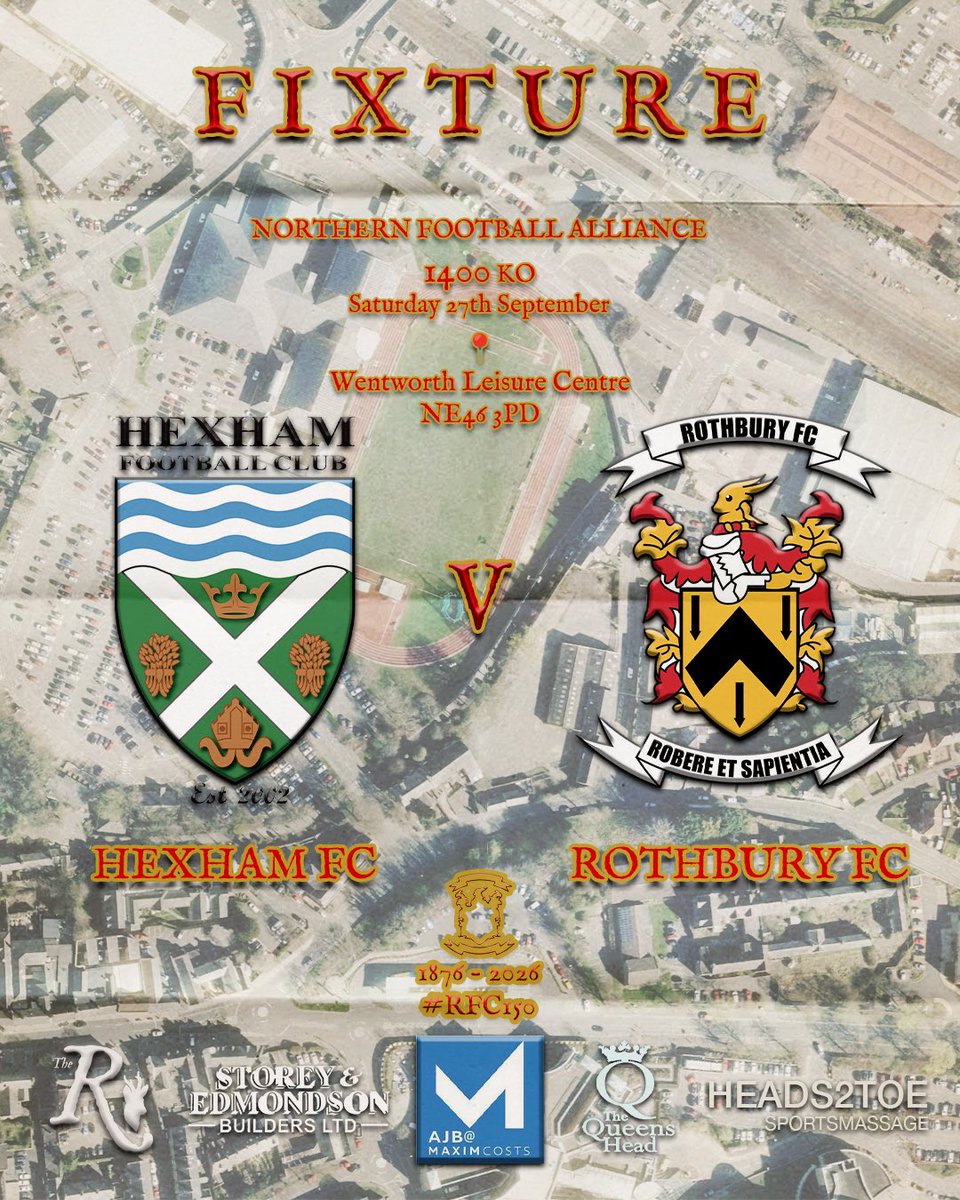 𝗙𝗜𝗫𝗧𝗨𝗥𝗘

<a href="/HexhamfcS/">Hexham FC Seniors</a> v <a href="/FCRothbury/">Rothbury Football Club</a> 

A trip to Tynedale tomorrow to take on Hexham FC.

𝗠𝗮𝘁𝗰𝗵 𝗦𝗽𝗼𝗻𝘀𝗼𝗿: Maxim Costs. Cost lawyers specialising in high value / complex claims. Visit maximcosts.com

#TheHillmen #RFC150