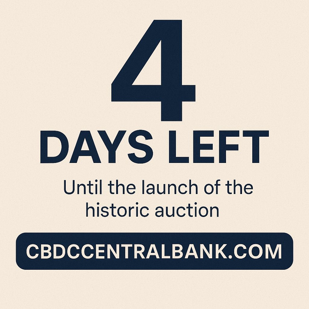 Just 4 days left until the auction of CBDCCENTRALBANK.COM.
A premium, one-of-a-kind domain that could redefine the future of money and digital finance.
The opportunity of a lifetime is almost here  will you take it? 🚀
#CBDC #DomainAuction #Crypto #Finance