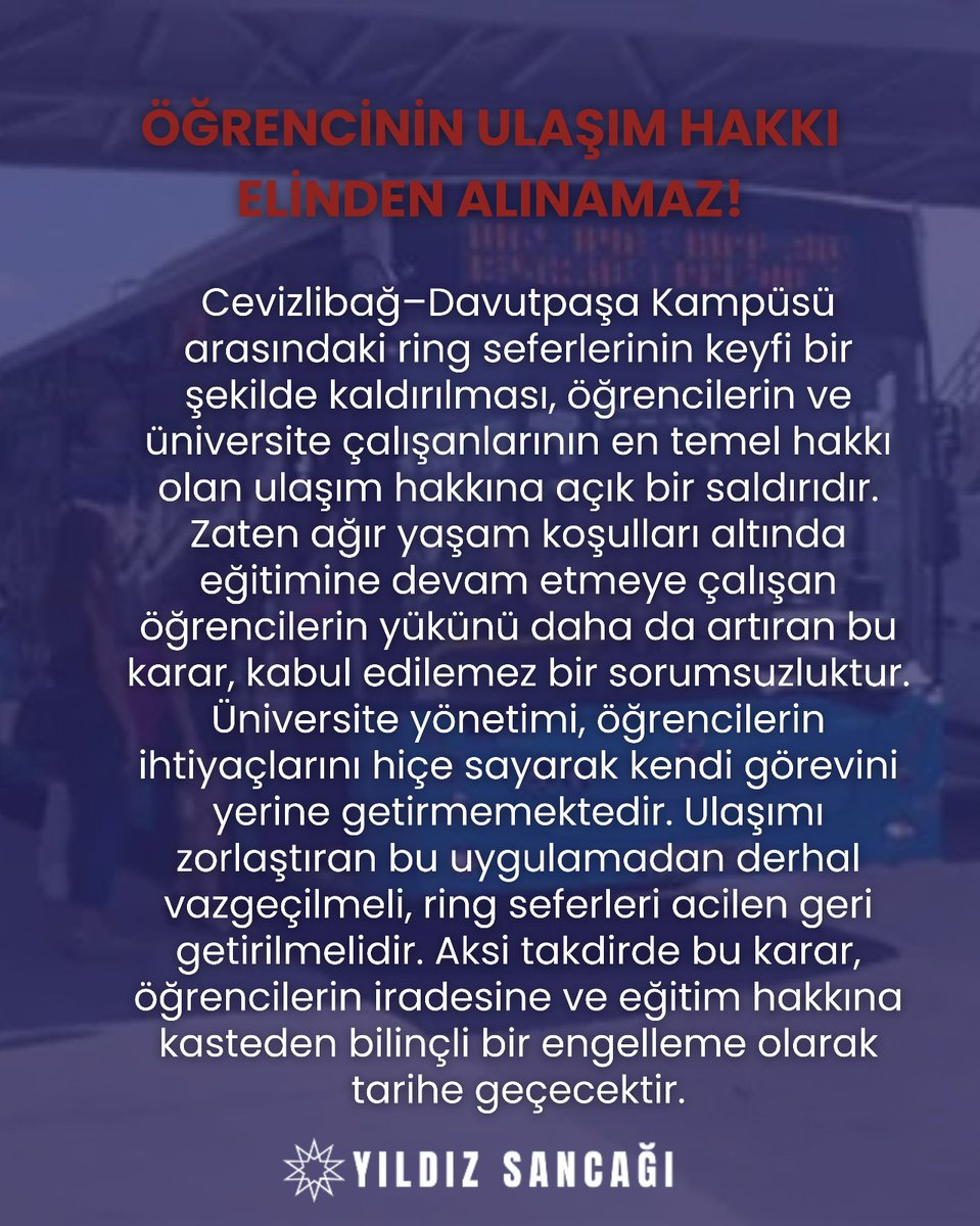 Ücretsiz ring seferlerinin kaldırılmasıyla öğrencilerin ulaşım hakkı gasp edilmiştir. İETT’ye mahkûm edilen bu uygulamayı kabul etmiyoruz!