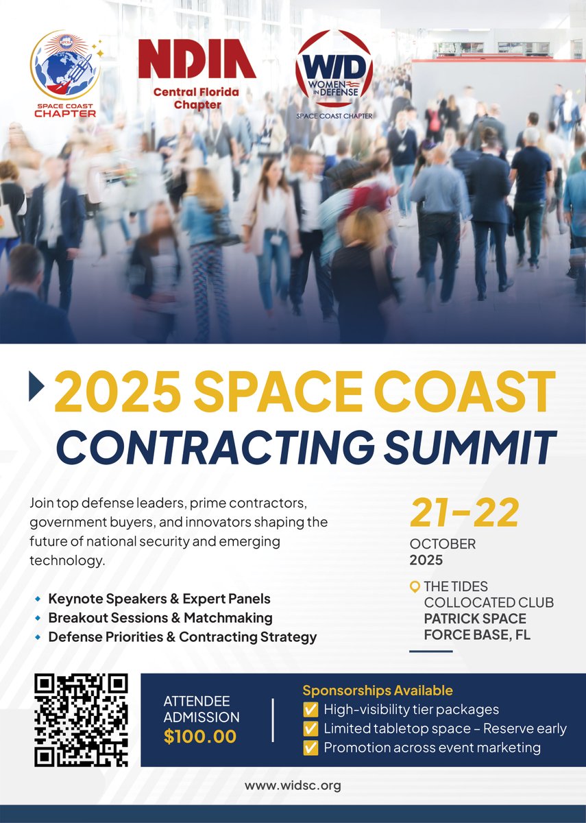 2025 Space Coast Contracting Summit happening 10/21–10/22 at Tides Collocated Club unites top leaders from defense industry, contractors, government agencies, &amp; more shaping future of national security &amp; technology on Florida’s Space Coast. bit.ly/45X7JXN  #WID #AFCEA