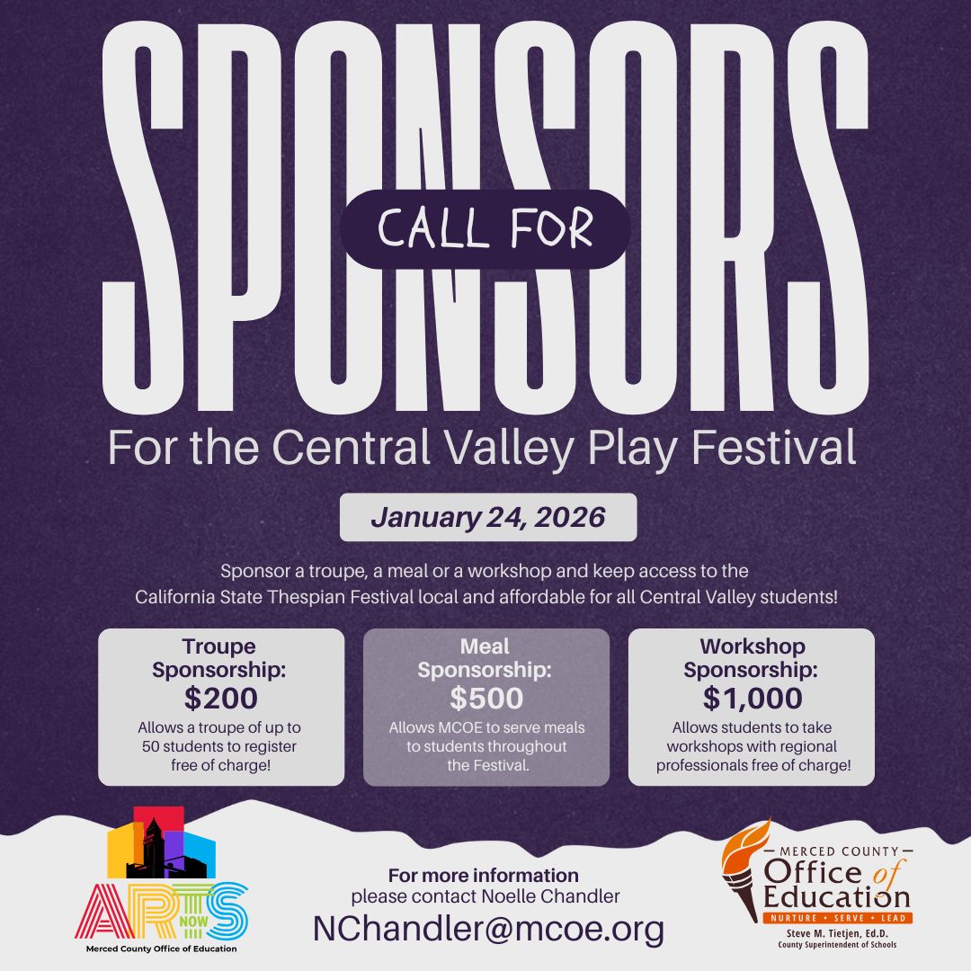 Merced County Arts Now is seeking partnerships and sponsorships for the first ever Central Valley Play Festival — a new addition to the Merced County Performing Arts Festival in January! 🎭

Email mailto:nchandler@mcoe.org to learn more about partnership opportunities.