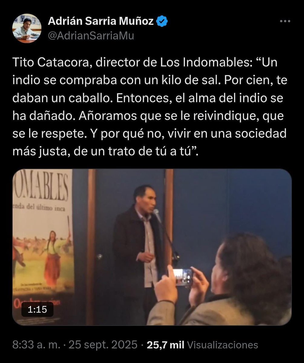 Es doloroso leer estas palabras de un gran director. Y es más doloroso saber que son un mito para humillarnos.
No hay registro que se hayan comprado indios a cambio de sal o caballos. Nos han contado mentiras para hacernos sentir esclavos e inferiores. Y nos lo hemos creído.