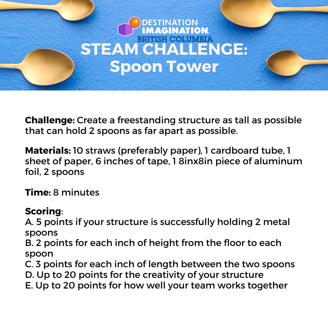 🥄🏗️ How tall can YOU build?
In this STEAM Challenge, your team must design and build a structure that’s as tall as possible — and strong enough to hold two spoons as far apart as possible!
Think outside the box!

#DestinationImagination #STEAM #CreativityChallenge #Innovation