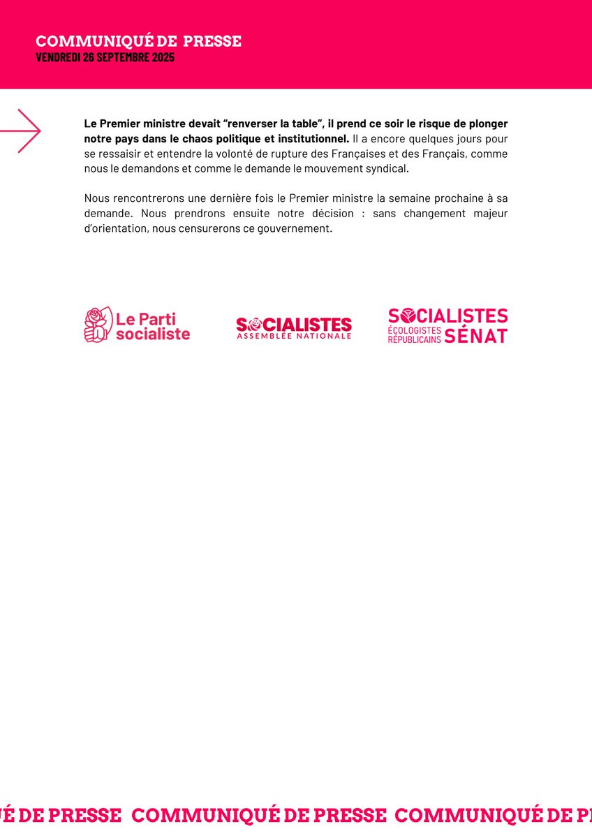🔴 Réaction à l’interview du Premier ministre : sans changement majeur d’orientation, nous censurerons ce gouvernement.

▶️ Notre communiqué : parti-socialiste.fr/reaction_a_lin…