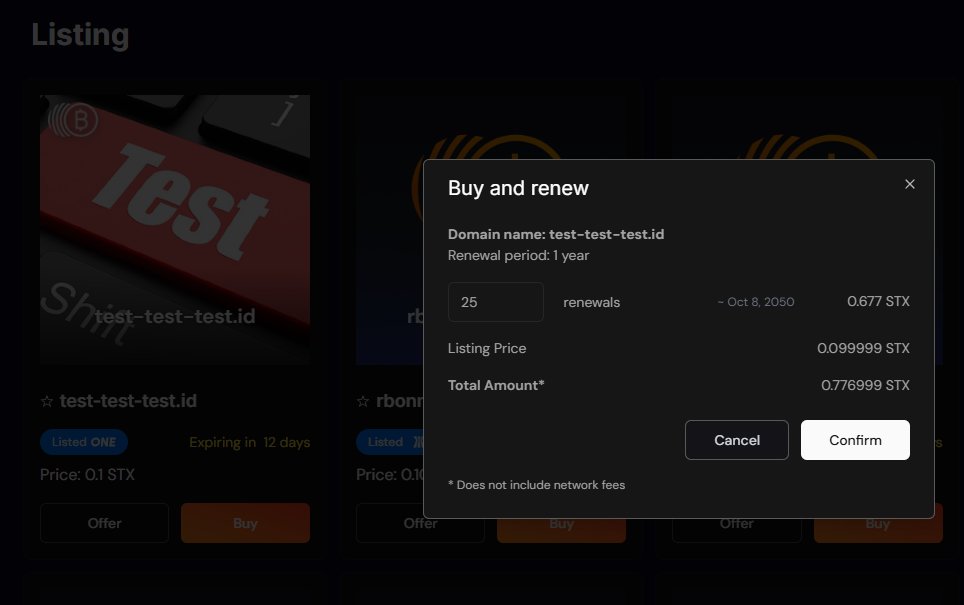 Buy and renew. 
up to 25x renewals in a single tx

Soon on <a href="/one_bns/">BNS One | Empowering Your Digital Identity</a>