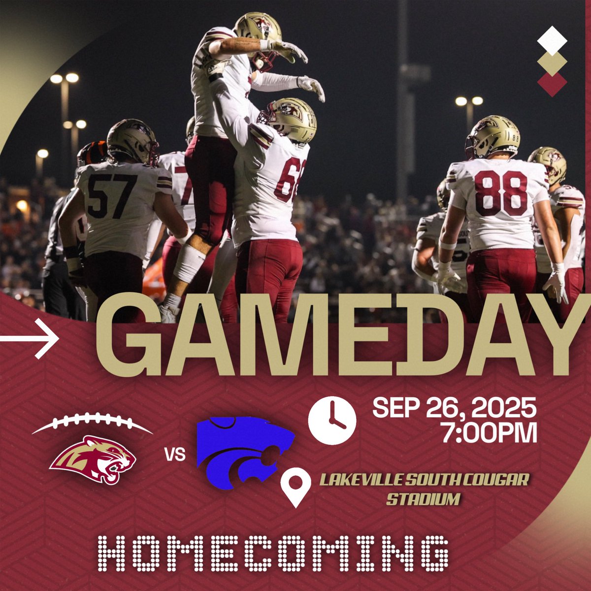 ITS GAMEDAY!!! Join the cougars tonight for our  homecoming game  against the Eagan Wildcats 
📍Lakeville South High-School Stadium    
🗓️Friday, September 26th  | 7:00 PM
BE THERE!!  #rollcougars 

Link for tickets 🎟️: gofan.co/event/4132706u…

Livestream: gametimemn.com/lshs-cougars-l…