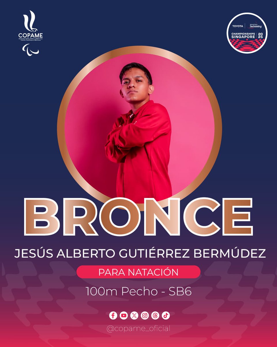 🥉🔥 ¡Medalla de Bronce para México! 🇲🇽 

El Atleta Paralímpico Mexicano, Jesús Alberto Gutiérrez Bermúdez consigue la medalla de bronce en el "Toyota World Para Swimming Championships 2025" con un tiempo de 1:20.87.
