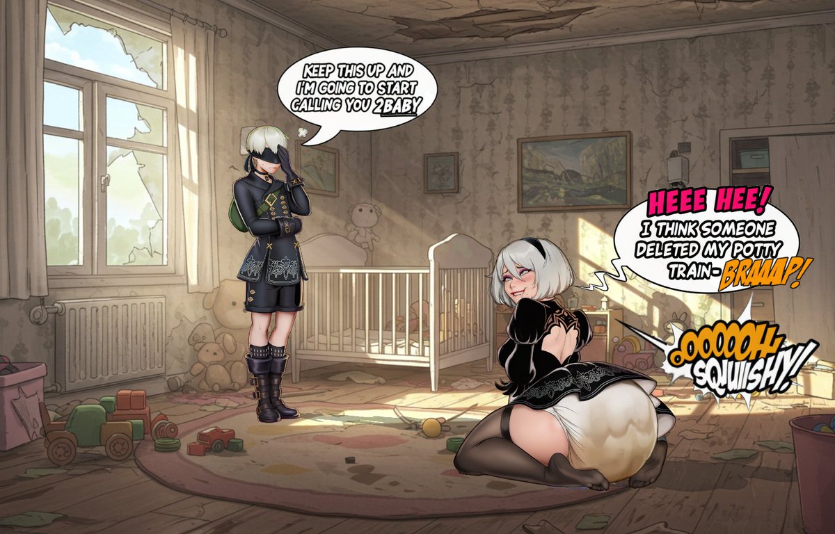 🤖🍼 YoRHa Regression 🍼🤖

2B and 9S slipped into the ruined nursery, scanning for meds and salvage. 

Then the wave hit.

She sat down, skirt puffing up as a thick diaper shimmered into place, locking snugly around her hips.

“...goo?” 

9S began downloading babysitter.exe...