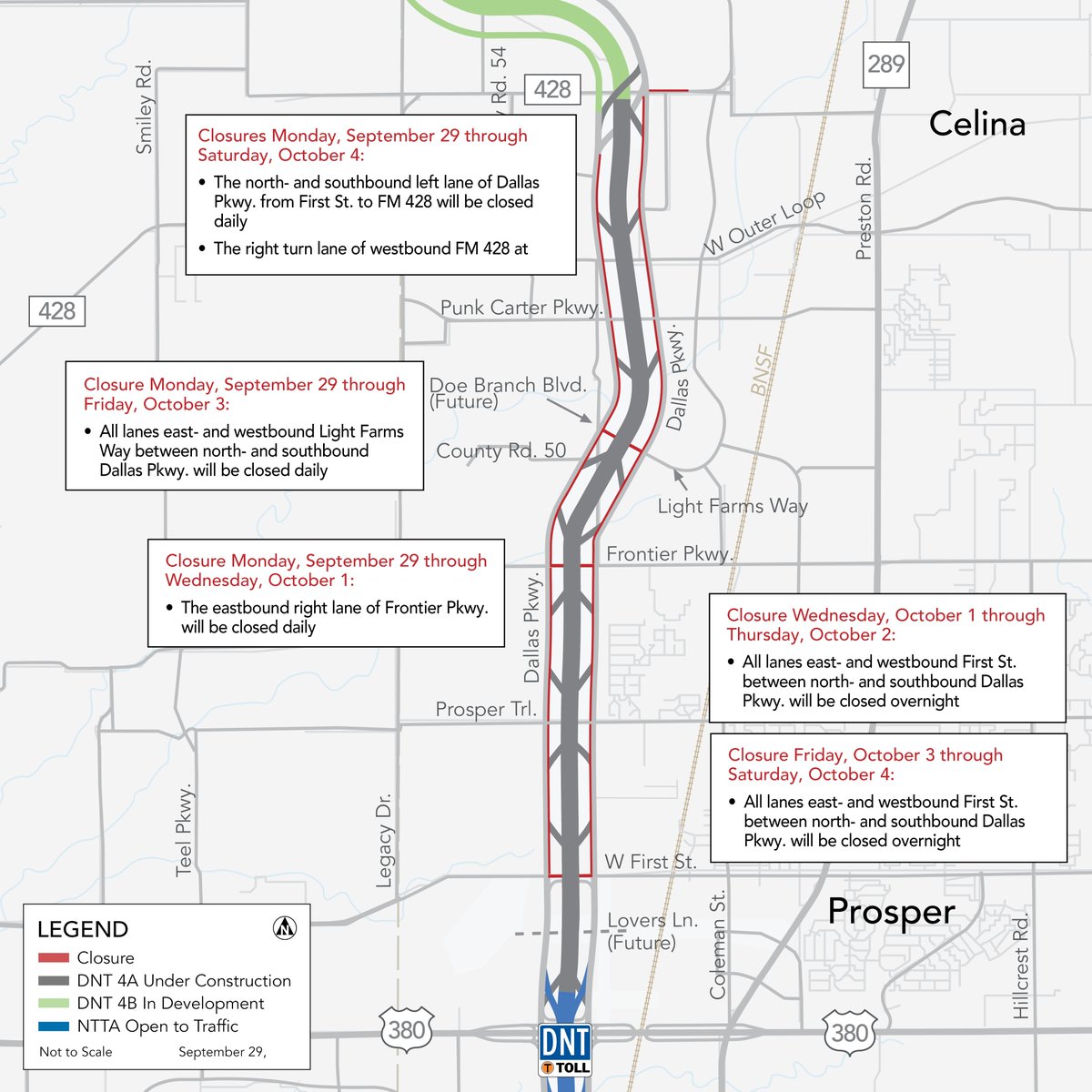 Scheduled Closures for Dallas North Tollway Extension Project in Prosper and Celina, September 29-October 4.