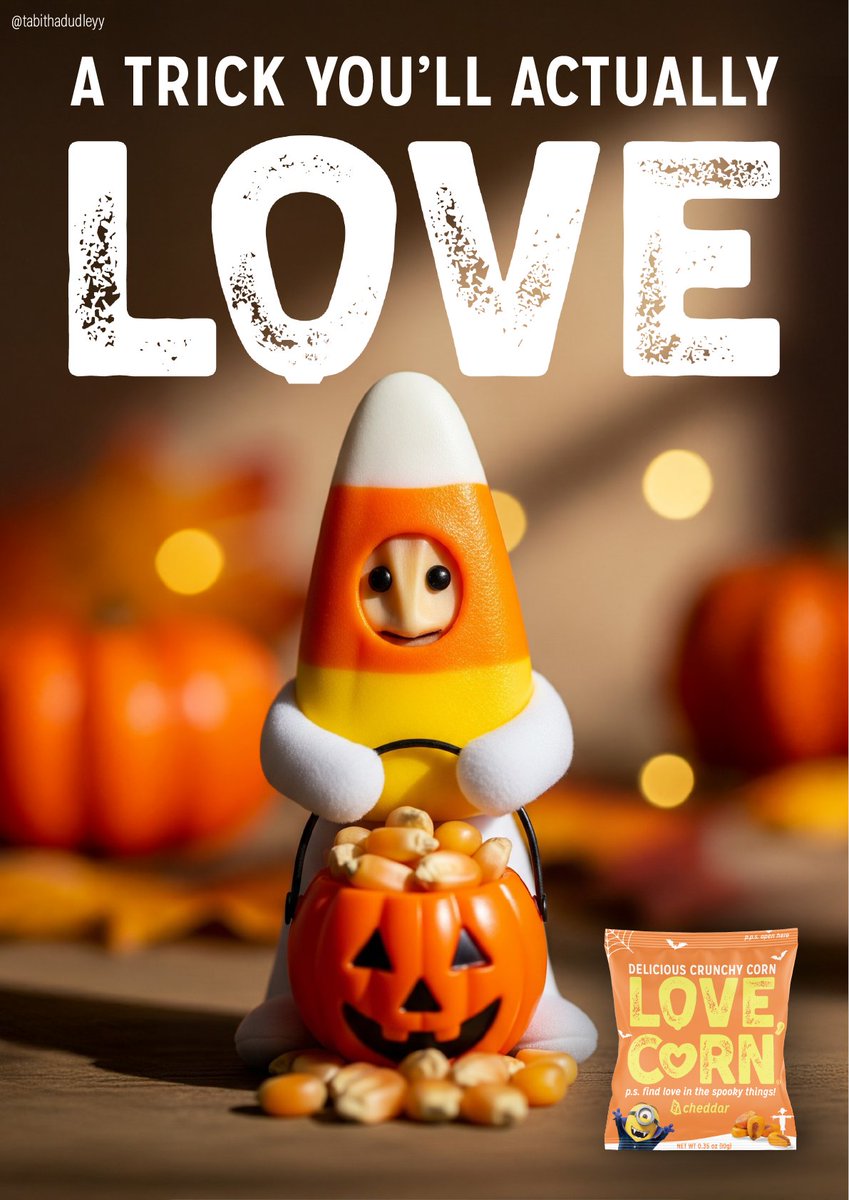 My ad for today's One Minute Brief of the Day: Create posters that show why <a href="/lovecorn_snacks/">LOVE CORN</a> is the ultimate feel-good treat of Halloween with their delicious taste, simple ingredients, bold flavour, and unbeatable crunch. #LoveCornHalloween <a href="/OneMinuteBriefs/">One Minute Briefs ⏱️</a> 🎃