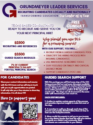 Exciting times for Grundmeyer Leader Services expanding into Texas and serving schools in recruiting &amp; hiring principals.  Local consultants that are well-networked and read to recruit, serve and deliver!  Contact us if you're an interested at grundmeyerleaderservices.com