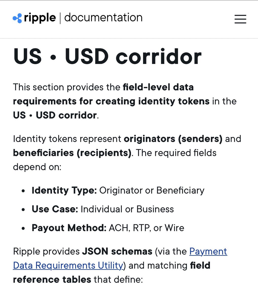 Ripple’s Payments Direct 2.0 Master US • USD Payments: 

Guide to Creating Identity Tokens for ACH, RTP, &amp; Wire in Ripple’s Payments Direct 2.0 API”

docs.ripple.com/payments-direc…