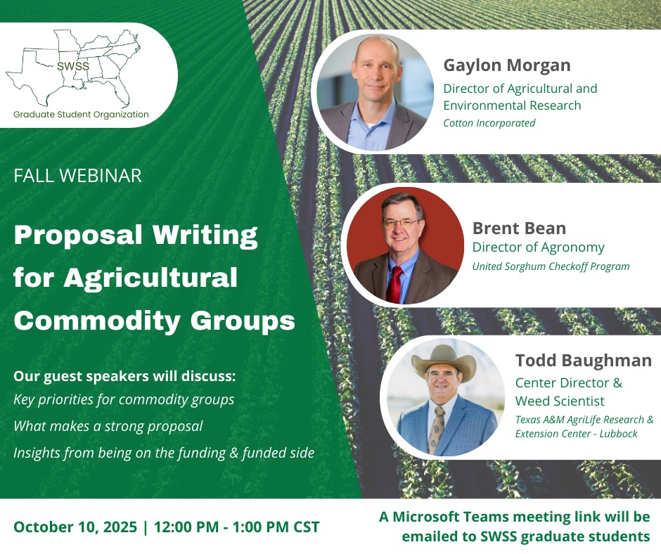 SWSS GSO (@swssgso) on Twitter photo Do you want to enhance your proposal writing skills?
Join us on October 10, 2025 (12:00–1:00 PM CST) for an engaging webinar.
Our speakers will share practical tips and techniques to help you craft stronger proposals and better understand funding priorities.
<a href="/SouthWeedSciSoc/">SouthernWeedScienceSociety</a> Do you want to enhance your proposal writing skills?
Join us on October 10, 2025 (12:00–1:00 PM CST) for an engaging webinar.
Our speakers will share practical tips and techniques to help you craft stronger proposals and better understand funding priorities.
<a href="/SouthWeedSciSoc/">SouthernWeedScienceSociety</a>