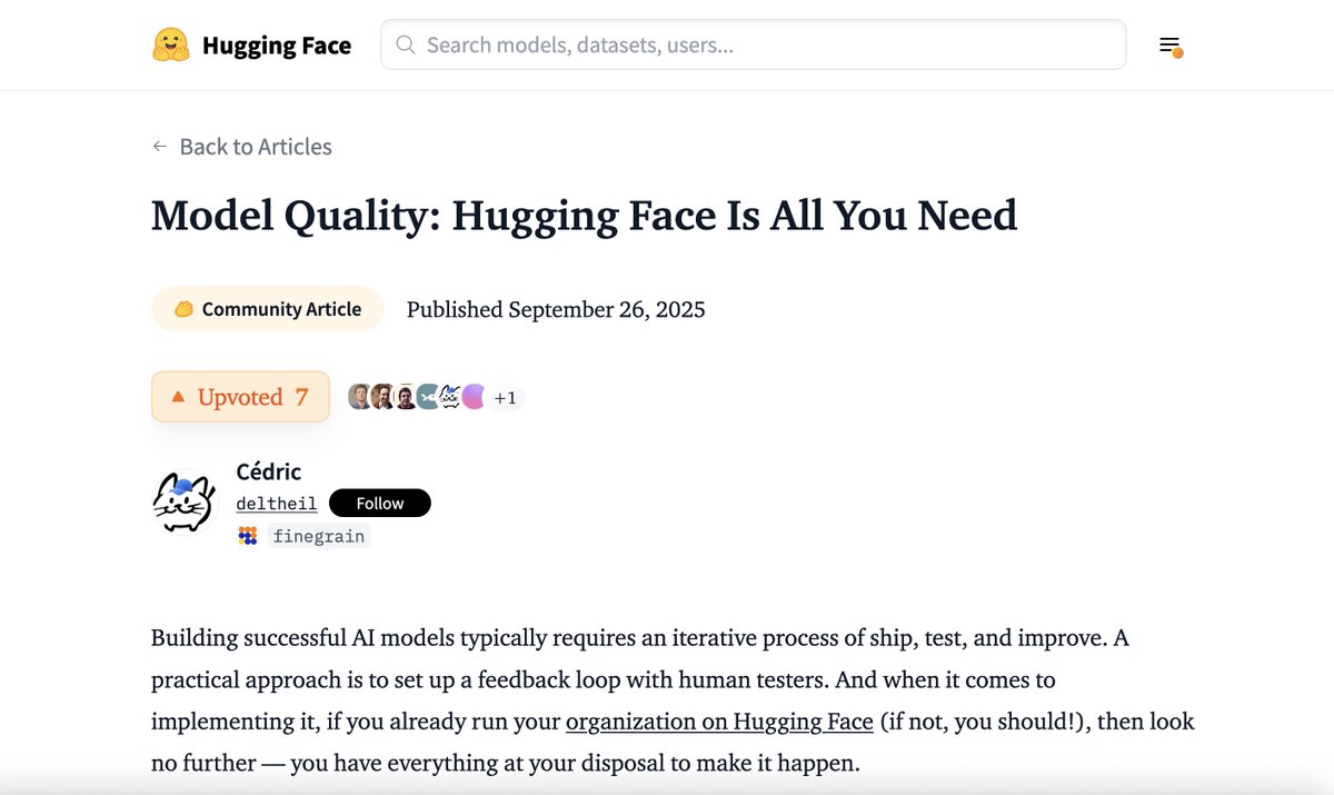 For the PMs - In this rad community article from <a href="/deltheil/">Cédric Deltheil</a> at <a href="/finegrain_ai/">Finegrain</a>  you'll learn how to build a user feedback loop for your AI model:

- hosting a private demo app using Gradio and Spaces,

- inviting external collaborators in a resource group to interact with your app