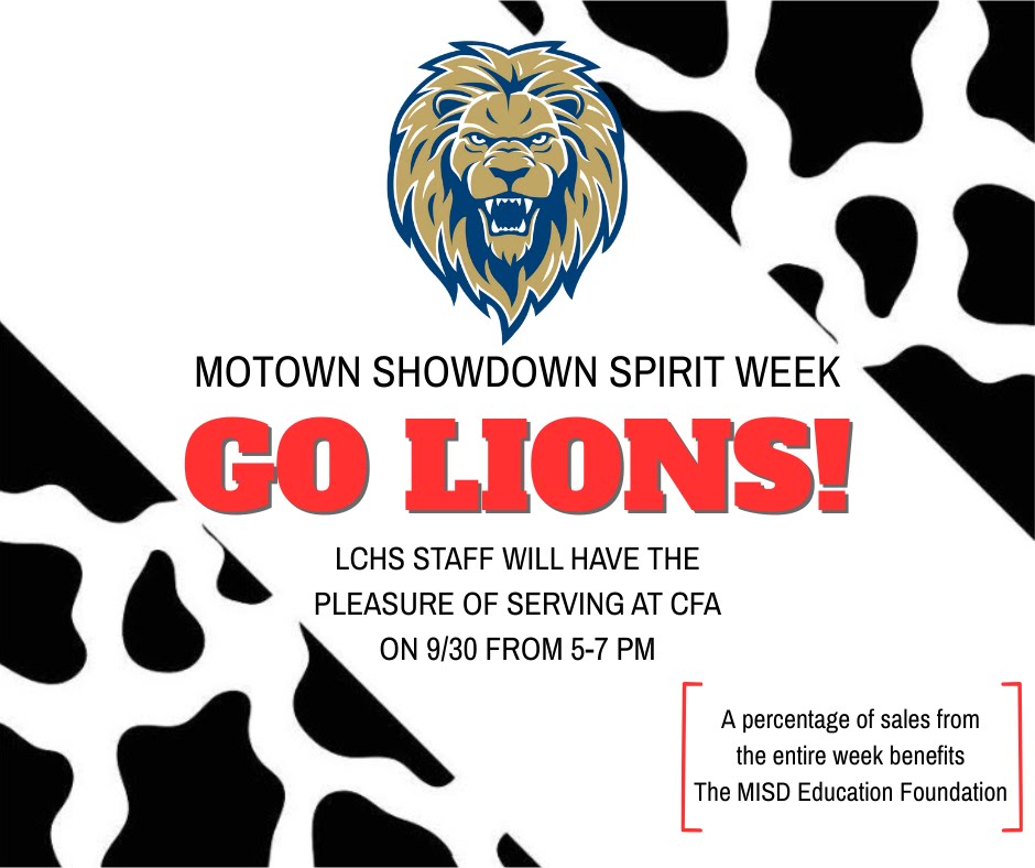 LakeCreekHS's tweet photo. Bring your friends and family to Chick-Fil-A (105 &amp; Lone Star Parkway) on Tuesday, Sep 30th from 5-7 PM; let them know you are 🦁 SUPPORTING THE LIONS 🦁 when you place your orders for the LCHS VS MHS SPIRIT NIGHT.
@CfaLonestarPkwy https://t.co/x9D0BJce3D