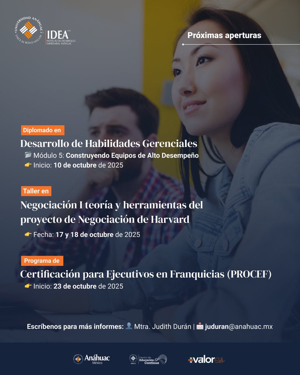 Próximas aperturas IDEA | +valorEs para tu desarrollo profesional 💡
Nuevas oportunidades de aprendizaje te esperan.
Impulsa tu crecimiento con nuestros programas.

📲 ¡Asegura tu lugar!
🔗 linktr.ee/idea.anahuac

#IDEA #AnáhuacIDEA #DesarrolloProfesional #EducaciónContinua