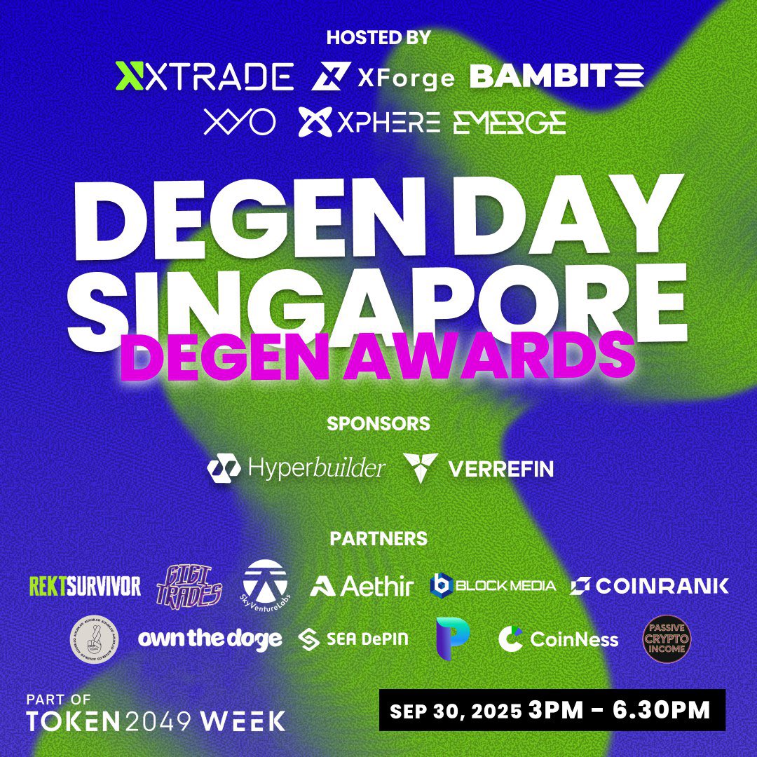XForge Phone (@xforgeofficial) on Twitter photo XForge will be co-hosting Degen Day in Singapore next week as part of #token2049  . Come to see the sneak peak of XForge DePIN Smartphone with some announcements coming up soon!
📅 Date: Sept 30, 2025
🕒 Time: 3:00 PM - 6:30 PM GMT+8
🎟️ Luma Link: luma.com/wnz3jyif XForge will be co-hosting Degen Day in Singapore next week as part of #token2049  . Come to see the sneak peak of XForge DePIN Smartphone with some announcements coming up soon!
📅 Date: Sept 30, 2025
🕒 Time: 3:00 PM - 6:30 PM GMT+8
🎟️ Luma Link: luma.com/wnz3jyif