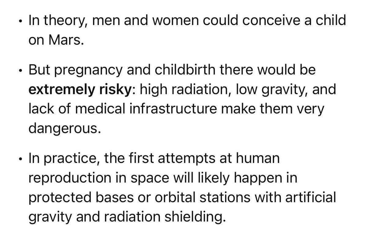 Will a man and a woman from Earth be able to conceive a child on Mars? And will a woman be able to give birth on Mars?
In theory, men and women could conceive a child on Mars. But pregnancy and childbirth there would be extremely risky: high radiation, low gravity, and lack of ⬇️