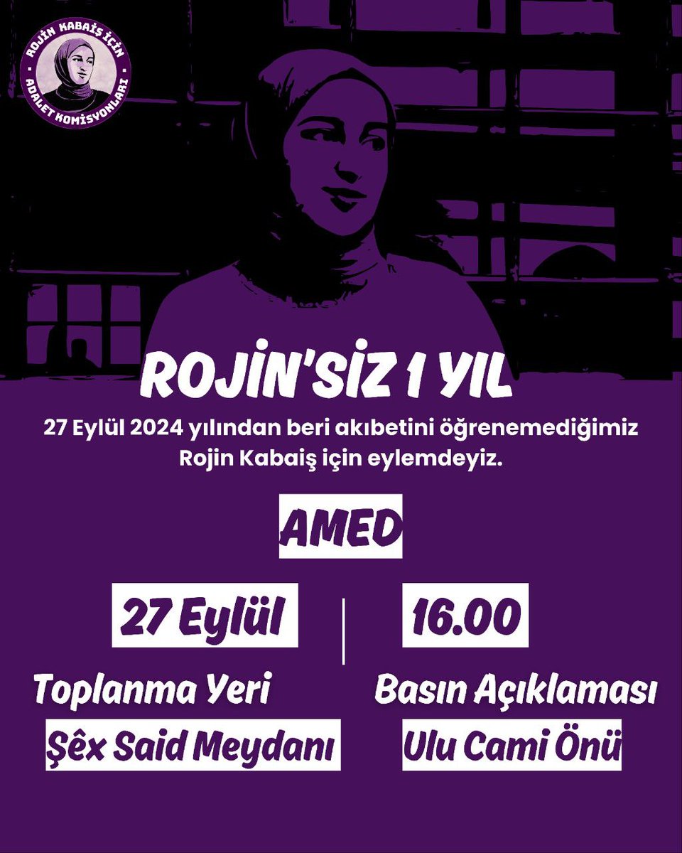 📢 27 Eylül’de Amed’de buluşuyoruz!

📍 Şêx Said Meydanı
⏰ 16.00

Rojin için, tüm kadınlar için adalet talebimizi yükseltiyoruz!

#RojinİçinEylemdeyiz
