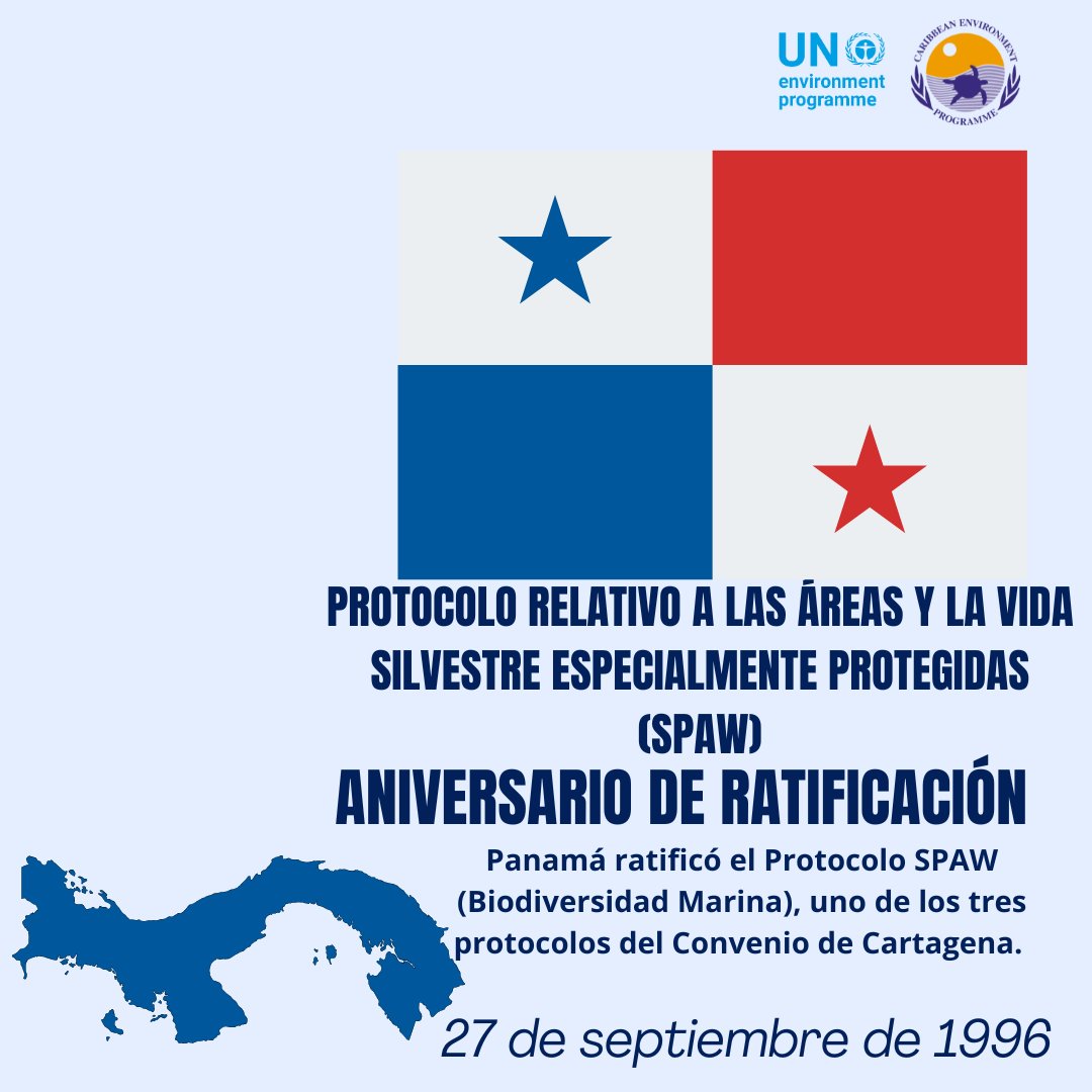 UNEP_CEP's tweet image. 🇵🇦🌿 El 27 de septiembre, Panamá celebra un aniversario más de la ratificación del Protocolo SPAW (1996). Un firme compromiso con la biodiversidad y los ecosistemas marinos del Caribe. 💙🌊

#Panamá #SPAW #MedioAmbienteCaribe