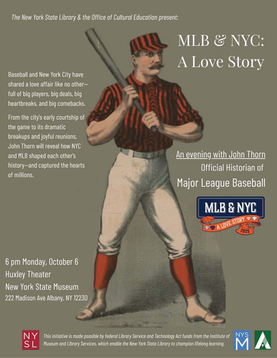 On October 6th, <a href="/thorn_john/">John Thorn</a> will appear at the <a href="/nysmuseum/">New York State Museum</a> in Albany, NY to discuss how New York City and MLB have shaped each other's history, presented by the <a href="/NYSLibrary/">New York State Library</a>
