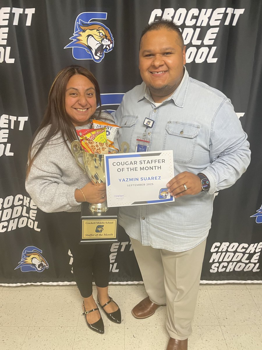 Congratulations to Ms. Yazmin Suarez our Cougar Staffer of the Month for September  2025! Thanks for all that you do for our AMAZING <a href="/Crockett_MS/">Crockett MS</a> students, parents, teachers, and staff! We are PROUD to have you on our TEAM! #WhateverItTakes #ExcellenceInAction