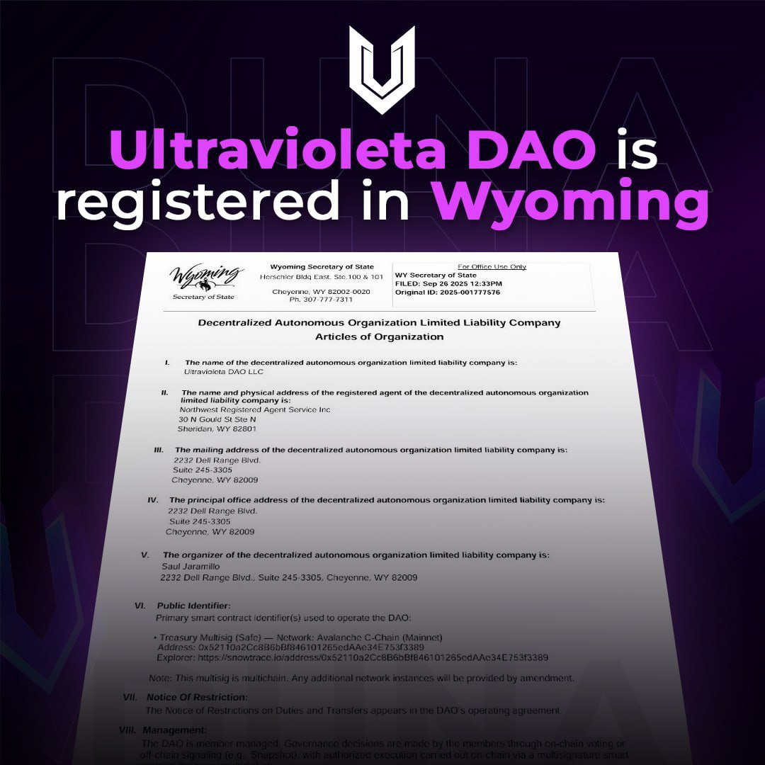 Excited to share that Ultravioleta DAO LLC just got registered as a DUNA in Wyoming today. Onwards and upwards! ⚡