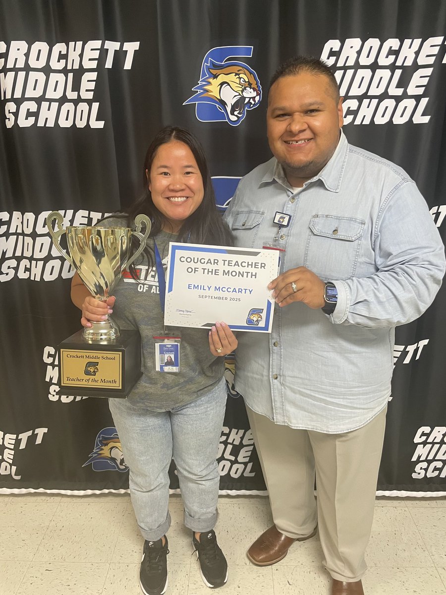 Congratulations to Ms. Emily McCarty our Cougar Staffer of the Month for September 2025! Thanks for all that you do for our AMAZING <a href="/Crockett_MS/">Crockett MS</a> students, parents, teachers, and staff! We are PROUD to have you on our TEAM! #WhateverItTakes #ExcellenceInAction