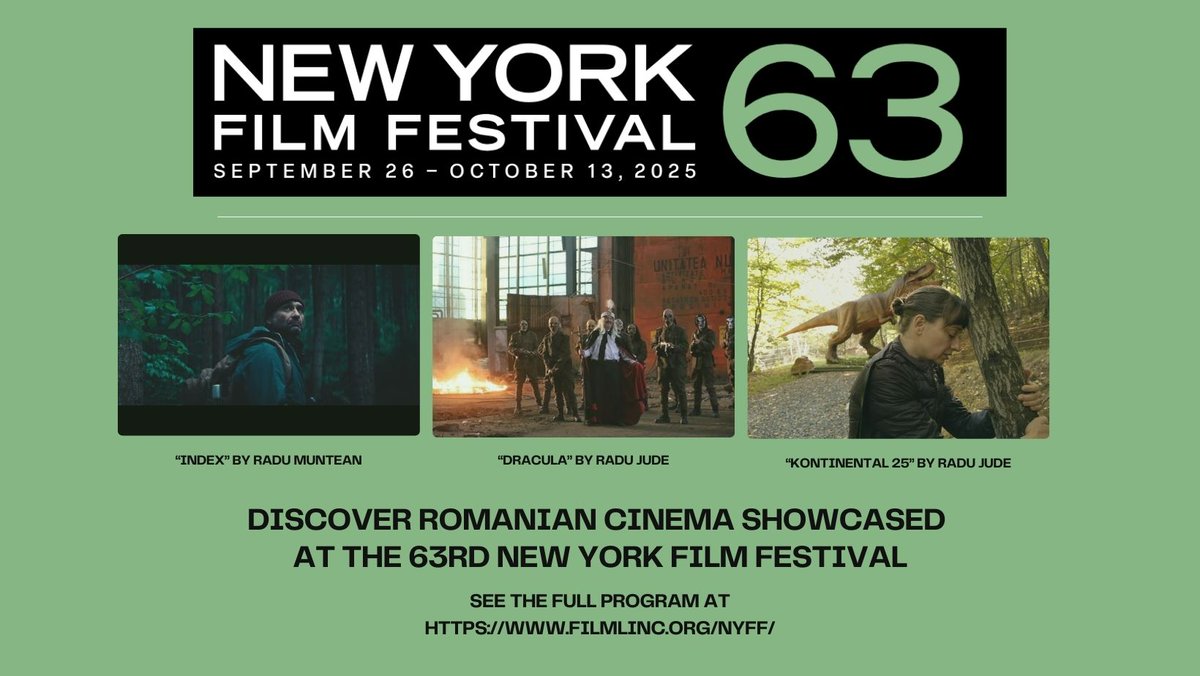 RomaniaNY's tweet image. 🎥 The 63rd New York Film Festival (Sep 26–Oct 13) shines a spotlight on 🇷🇴 cinema! #RaduJude brings #Kontinental25🏆(Main Slate) &amp;amp; #Dracula🧛 (Currents), while #RaduMuntean’s #Index 🌲makes its NA premiere in Shorts.
👉Discover the full NYFF63 lineup @ filmlinc.org/nyff