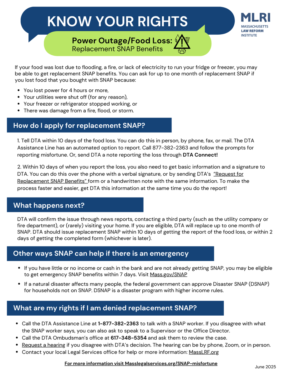 MassLegalHelp's tweet image. You can ask for replacement SNAP if you lost food that you bought with SNAP because of a flood, fire, or lack of electricity. To apply, report to the Department of Transitional Assistance (DTA) within 10 days of the food loss.

Learn more at MassLegalHelp.
masslegalhelp.org/public-benefit…