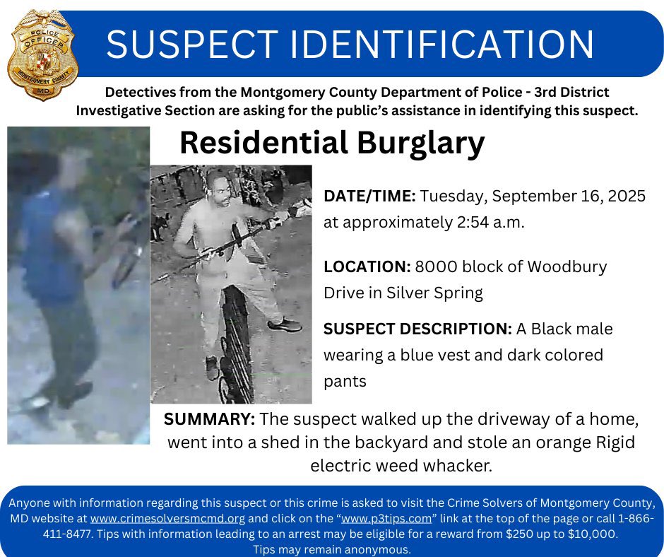 MCPD releases a flyer regarding an electric weed whacker theft in Montgomery County: