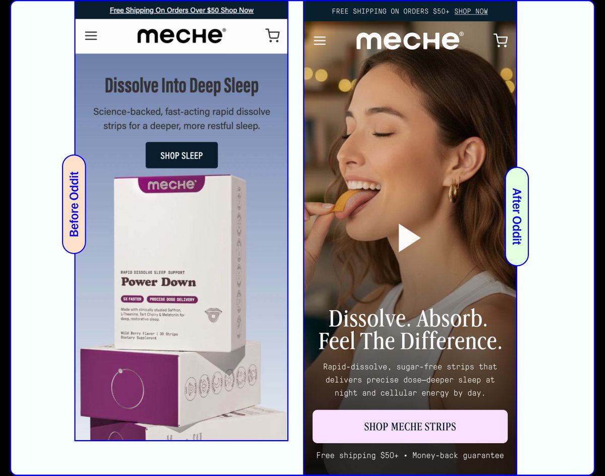 When your product has a unique delivery method like dissolve strips, customers need to see it working, not just read about it. 

Someone landing on your page doesn't immediately understand how these strips help them sleep better than traditional methods. They're comparing it