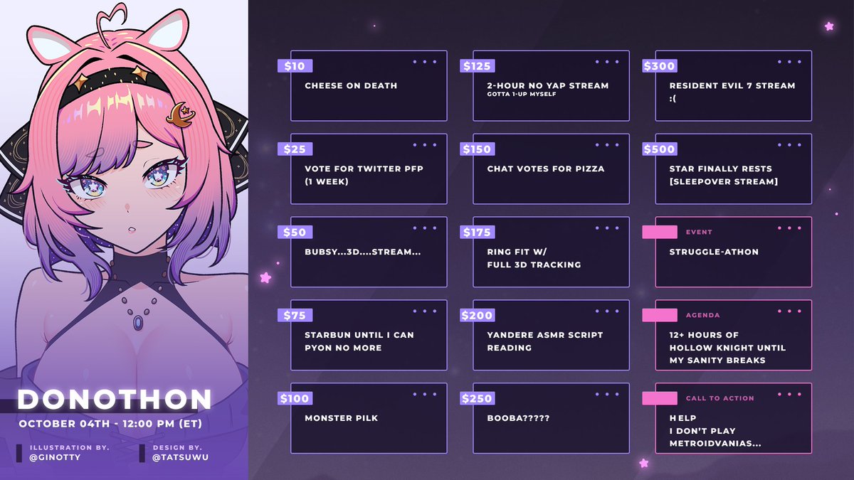 ★ Event Announcement - Struggle-athon ✨★

Hihi Starlings~ 💙🌠

I'll be having my 5th Anniversary Donothon soon!!
I'm playing Hollow Knight for 12+ hours straight! help!

five years of vtubing...waow

★ Date: October 4th starting @ 12 PM EST ★