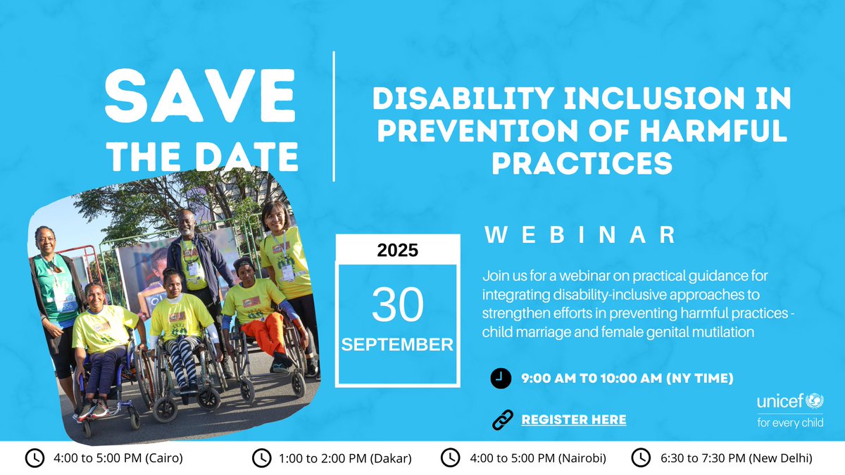 📢 [Webinar] 𝘋𝘪𝘴𝘢𝘣𝘪𝘭𝘪𝘵𝘺 𝘐𝘯𝘤𝘭𝘶𝘴𝘪𝘰𝘯 𝘪𝘯 𝘗𝘳𝘦𝘷𝘦𝘯𝘵𝘪𝘰𝘯 𝘰𝘧 𝘏𝘢𝘳𝘮𝘧𝘶𝘭 𝘗𝘳𝘢𝘤𝘵𝘪𝘤𝘦𝘴

Join us for a powerful session on disability inclusion in efforts to prevent #childmarriage and #FGM.
🗓️ Sept 30
🕘 9AM NY / 4PM Nairobi
📍 Zoom
 Register: