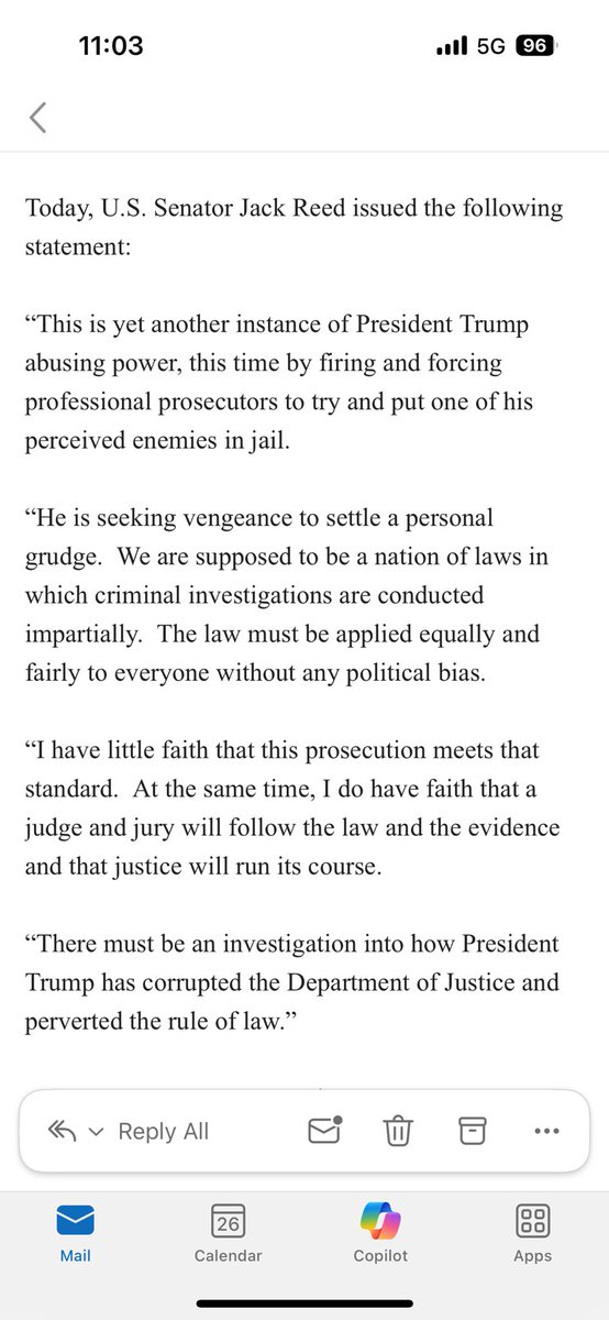 ⁦<a href="/SenJackReed/">Senator Jack Reed</a>⁩ on the Comey indictment and the circumstances surrounding it: