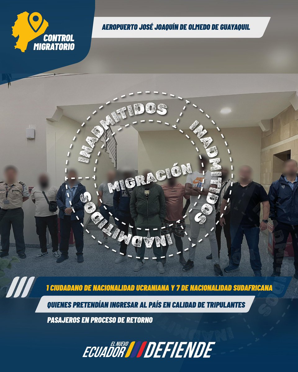 𝟴 𝗘𝗫𝗧𝗥𝗔𝗡𝗝𝗘𝗥𝗢𝗦 𝗜𝗡𝗔𝗗𝗠𝗜𝗧𝗜𝗗𝗢𝗦 𝗣𝗢𝗥 𝗥𝗘𝗣𝗥𝗘𝗦𝗘𝗡𝗧𝗔𝗥 𝗨𝗡 𝗥𝗜𝗘𝗦𝗚𝗢 𝗣𝗔𝗥𝗔 𝗟𝗔 𝗦𝗘𝗚𝗨𝗥𝗜𝗗𝗔𝗗 𝗡𝗔𝗖𝗜𝗢𝗡𝗔𝗟 

🚨 Guayaquil | En el Aeropuerto Internacional José Joaquín de Olmedo, personal de la Subsecretaría de Migración inadmitió a 1 un