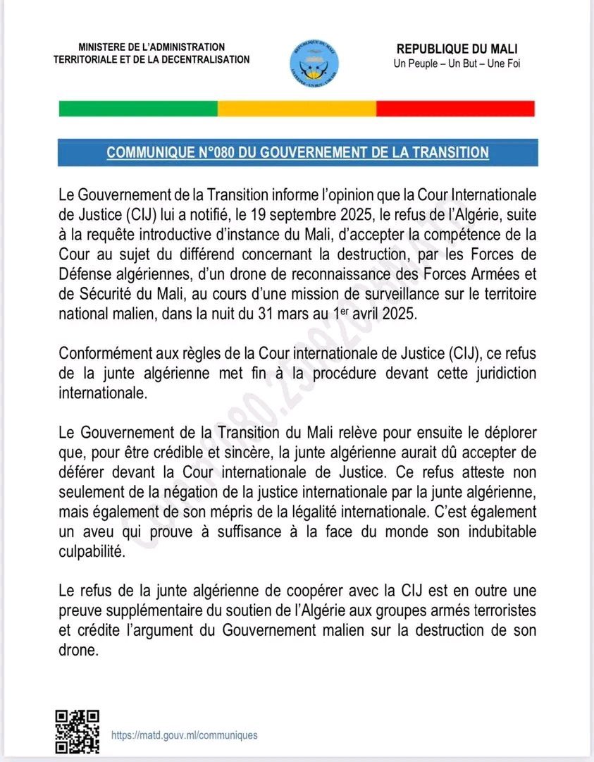 larevueafrique's tweet image. 🇲🇱 🇩🇿 URGENT | #Bamako qualifie officiellement #Alger de soutien du #terrorisme au #Sahel.

Le #Mali diffuse un communiqué incisif suite au refus de l’#Algérie d’accepter la compétence de la #CIJ au sujet du différend concernant la destruction d’un #drone malien par l’Algérie.