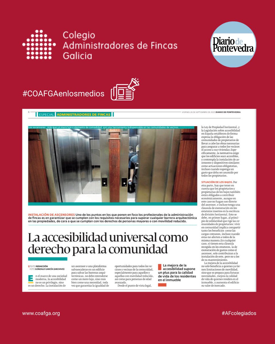 Hoy @diariodepontevedra publica en su especial sobre  administradores de fincas nuestra opinión sobre la conciliación y también un texto de nuestra vocal Carmen Peleteiro sobre la accesibilidad universal.

#COAFGA #coafgaenlosmedios #afcolegiados #administradoresdefincas
